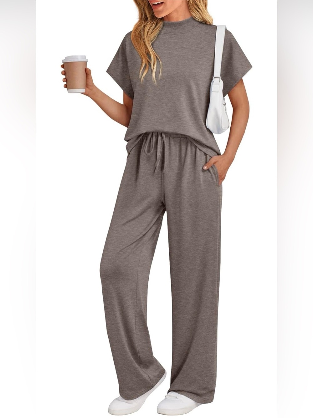 Relaxed Wide-Leg Drawstring Pants Set - Taupe